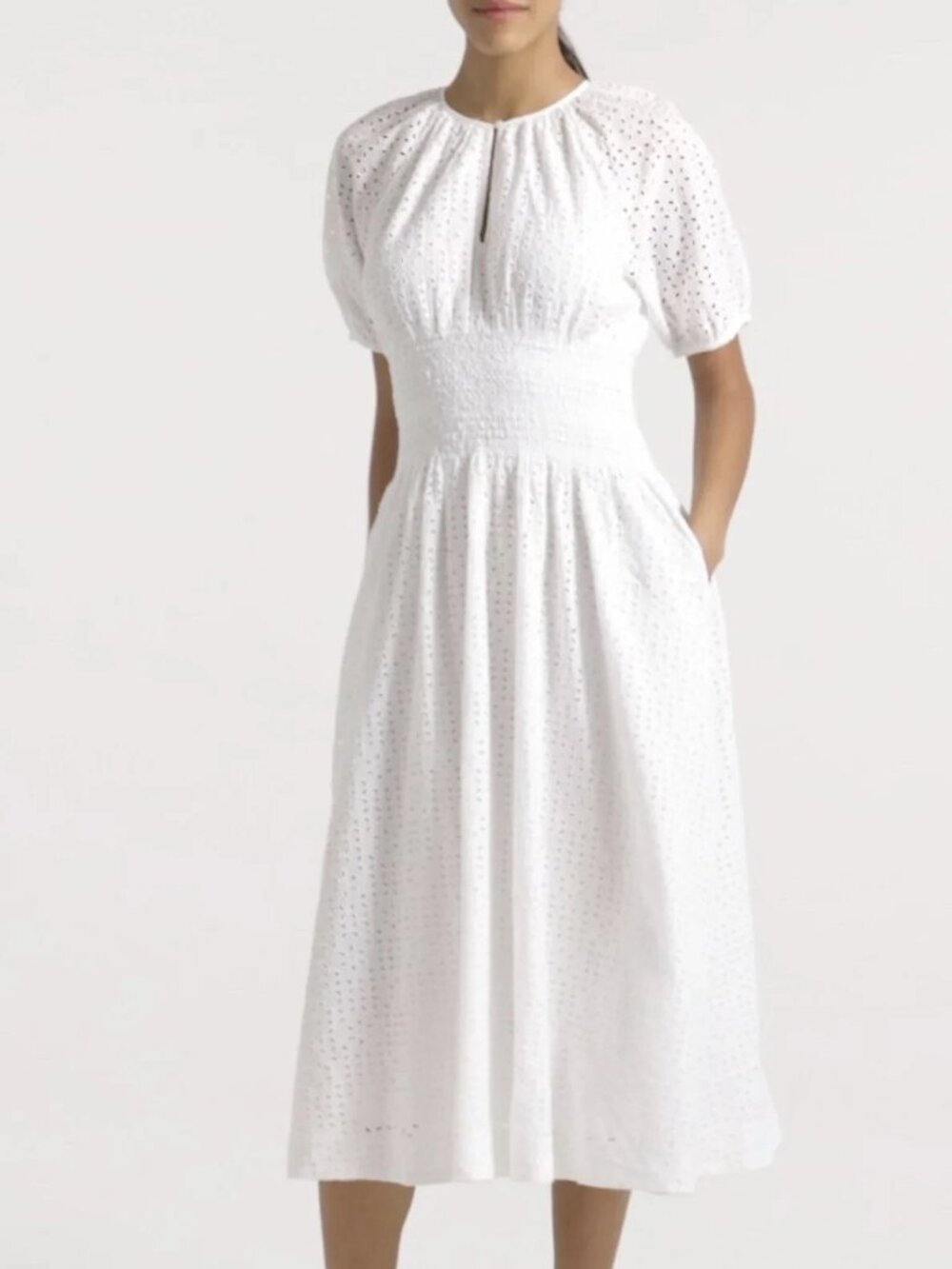 Elegant J. Crew Provence Smocked-Waist White Eyelet Midi Dress